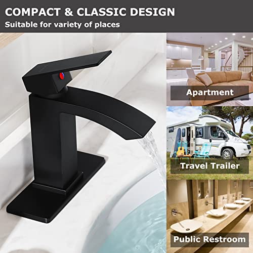 EZANDA Brass Waterfall Bathroom Faucet with Extra Large Rectangular Spout, Deck Plate, Pop-up Drain Assembly & Water Supply Hoses Included, Matte Black, 14254