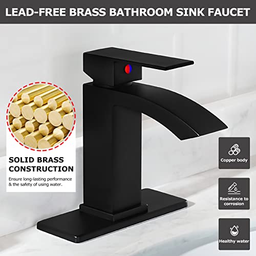 EZANDA Brass Waterfall Bathroom Faucet with Extra Large Rectangular Spout, Deck Plate, Pop-up Drain Assembly & Water Supply Hoses Included, Matte Black, 14254