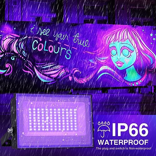 Onforu 2 Pack 50W LED Black Lights, Blacklight Flood Light with Plug, IP66 Waterproof Black Lights for Dance Party, Glow in The Dark, Halloween Lights, Body Paint, Fluorescent Poster, Neon Glow