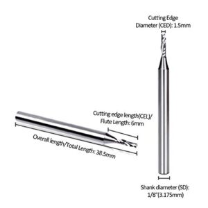 HQMaster 10-Pack End Mill Milling Cutter 1.5mm Cutting Dia. Spiral Router Bits CNC Bits 1-Flute Single Edged Cutting Engraving Bits Tungsten Steel 6mm Flute Length, 38.5mm OAL