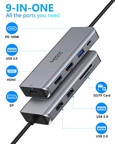USB C Docking Station Dual Monitor, 9 in 1 USB C Triple Display Docking Station to Dual HDMI Adapter Displayport SD TF Card Reader 2USB 2.0, 1 USB 3.0, 100W PD for USB C Thunderbolt 3 Laptops