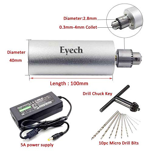 Eyech 0.3-4mm Micro Aluminum Portable Handheld Drill Mini Electric Hand Drill with 5A DC5V-12V Power Supply Control for DIY 10Pcs Drill Bits Included