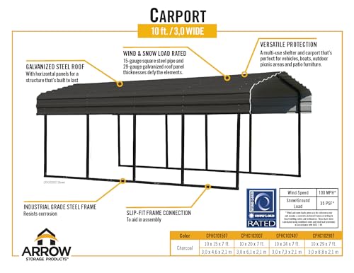 Arrow CPHC102407 Heavy Duty Galvanized Steel Metal Multi-Use Shelter, Shade, Carport, 10' x 24' x 7'