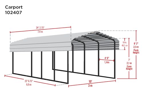 Arrow CPHC102407 Heavy Duty Galvanized Steel Metal Multi-Use Shelter, Shade, Carport, 10' x 24' x 7'