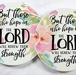 But Those Who Hope in The Lord Will Renew Their Strength - Christian Ceramic Car Coasters - Religious Gifts for Her (Pink Floral)