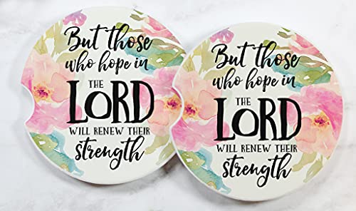 But Those Who Hope in The Lord Will Renew Their Strength - Christian Ceramic Car Coasters - Religious Gifts for Her (Pink Floral)