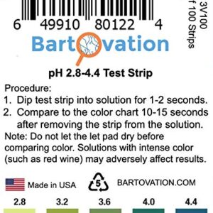 pH Test Strips for Wine Making, Homebrew, Acidity, 2.8 to 4.4 pH [Vial of 100 Plastic Strips]