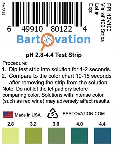 pH Test Strips for Wine Making, Homebrew, Acidity, 2.8 to 4.4 pH [Vial of 100 Plastic Strips]