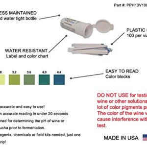 pH Test Strips for Wine Making, Homebrew, Acidity, 2.8 to 4.4 pH [Vial of 100 Plastic Strips]