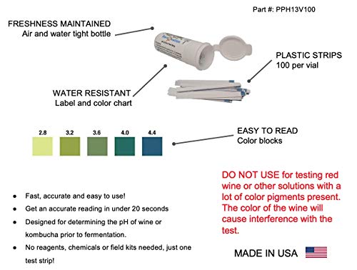 pH Test Strips for Wine Making, Homebrew, Acidity, 2.8 to 4.4 pH [Vial of 100 Plastic Strips]