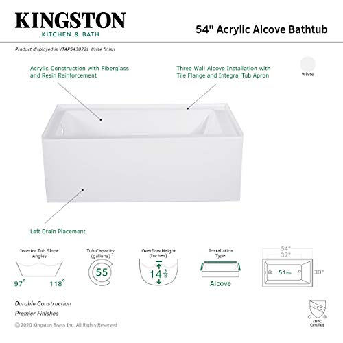 Kingston Brass Aqua Eden VTAP543022L 54-Inch Acrylic Alcove Tub with Left Hand Drain, White