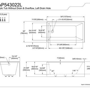 Kingston Brass Aqua Eden VTAP543022L 54-Inch Acrylic Alcove Tub with Left Hand Drain, White