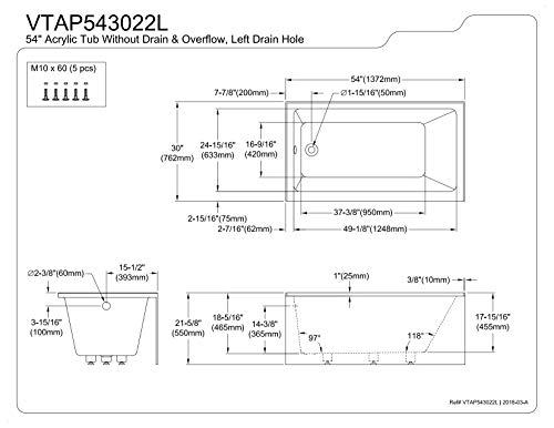 Kingston Brass Aqua Eden VTAP543022L 54-Inch Acrylic Alcove Tub with Left Hand Drain, White