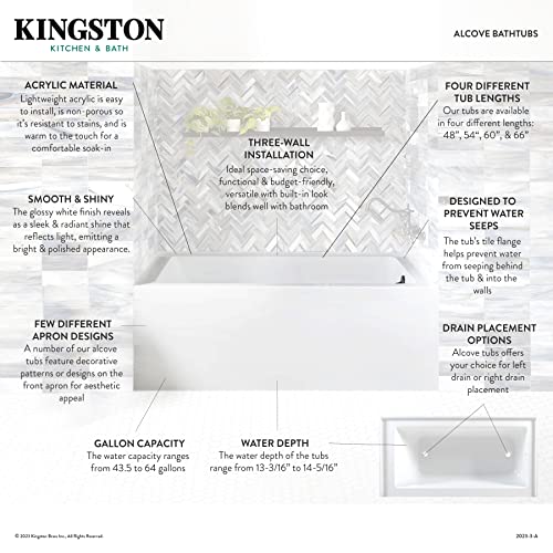 Kingston Brass Aqua Eden VTAP543022L 54-Inch Acrylic Alcove Tub with Left Hand Drain, White