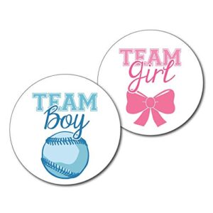 36 2.5-inch baseball and bow stickers - team boy and girl gender reveal party labels
