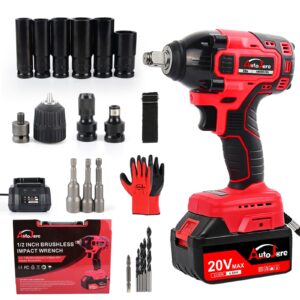 autojare cordless impact wrench kit 1/2 inch,electric powerful brushless motor 20v max rechargeable lithium-ion battery with charger 6pcs sockets cordless wrench kit