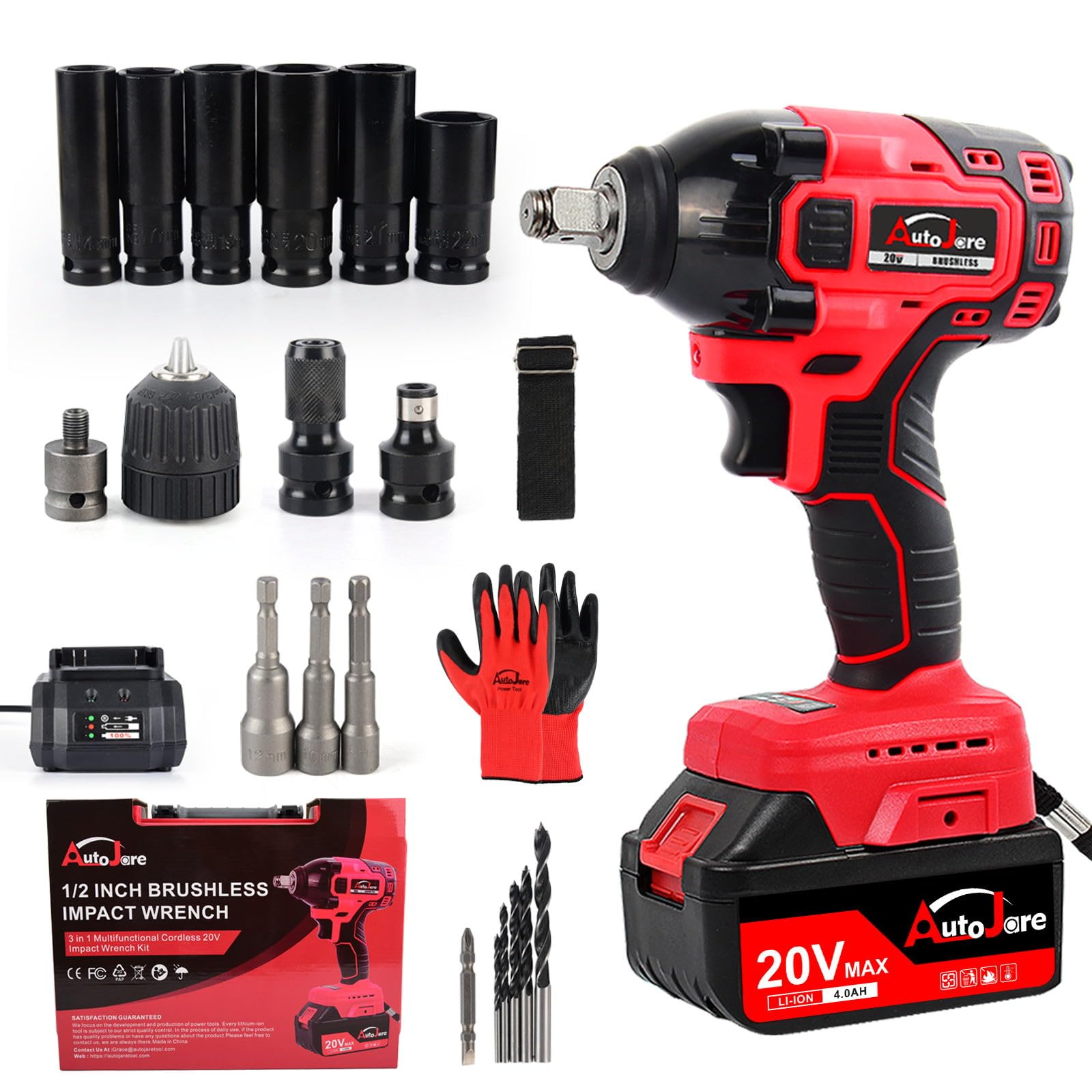 AUTOJARE Cordless Impact Wrench Kit 1/2 inch,Electric Powerful Brushless Motor 20V Max Rechargeable Lithium-Ion Battery with Charger 6pcs Sockets Cordless Wrench Kit