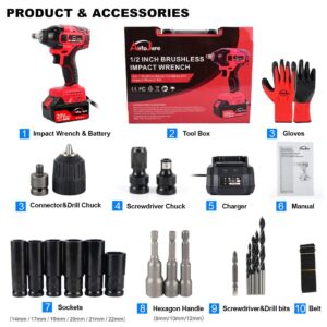 AUTOJARE Cordless Impact Wrench Kit 1/2 inch,Electric Powerful Brushless Motor 20V Max Rechargeable Lithium-Ion Battery with Charger 6pcs Sockets Cordless Wrench Kit