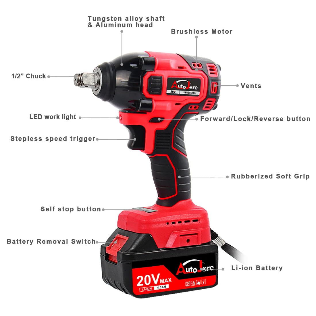 AUTOJARE Cordless Impact Wrench Kit 1/2 inch,Electric Powerful Brushless Motor 20V Max Rechargeable Lithium-Ion Battery with Charger 6pcs Sockets Cordless Wrench Kit