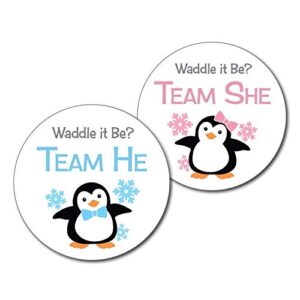 36 2.5 inch penguin team he and she gender reveal party stickers - waddle it be