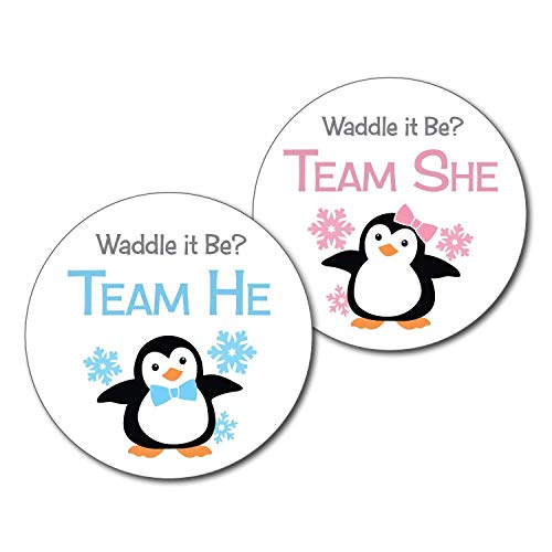 36 2.5 inch Penguin Team He and She Gender Reveal Party Stickers - Waddle it be