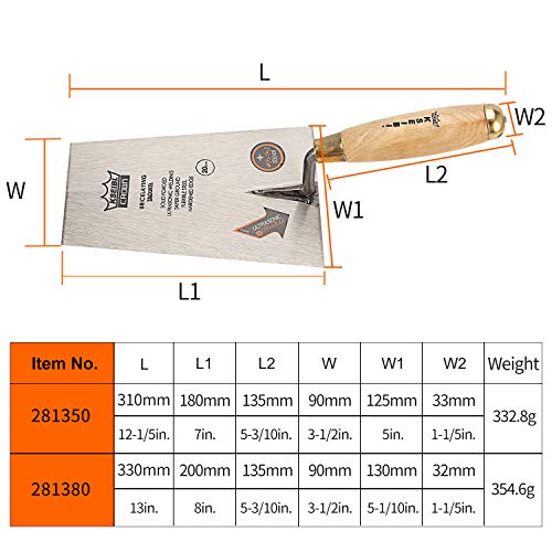 KSEIBI 281380 Narrow Bucket Brick Trowel Wooden Handle Square Tip Bricklaying Trowel (8Inch)