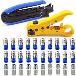 gaobige coaxial compression tool coax cable crimper kit adjustable rg6 rg59 rg11 75-5 75-7 coaxial cable stripper with 20pcs f male and 10pcs female to female rg6 connectors