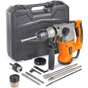 vonhaus 1-3/16” sds-plus heavy duty rotary hammer drill 10 amp - vibration control, 3 functions - with drill demolition kit, grease, chisels, drill bits and case – suitable for concrete, wood, steel
