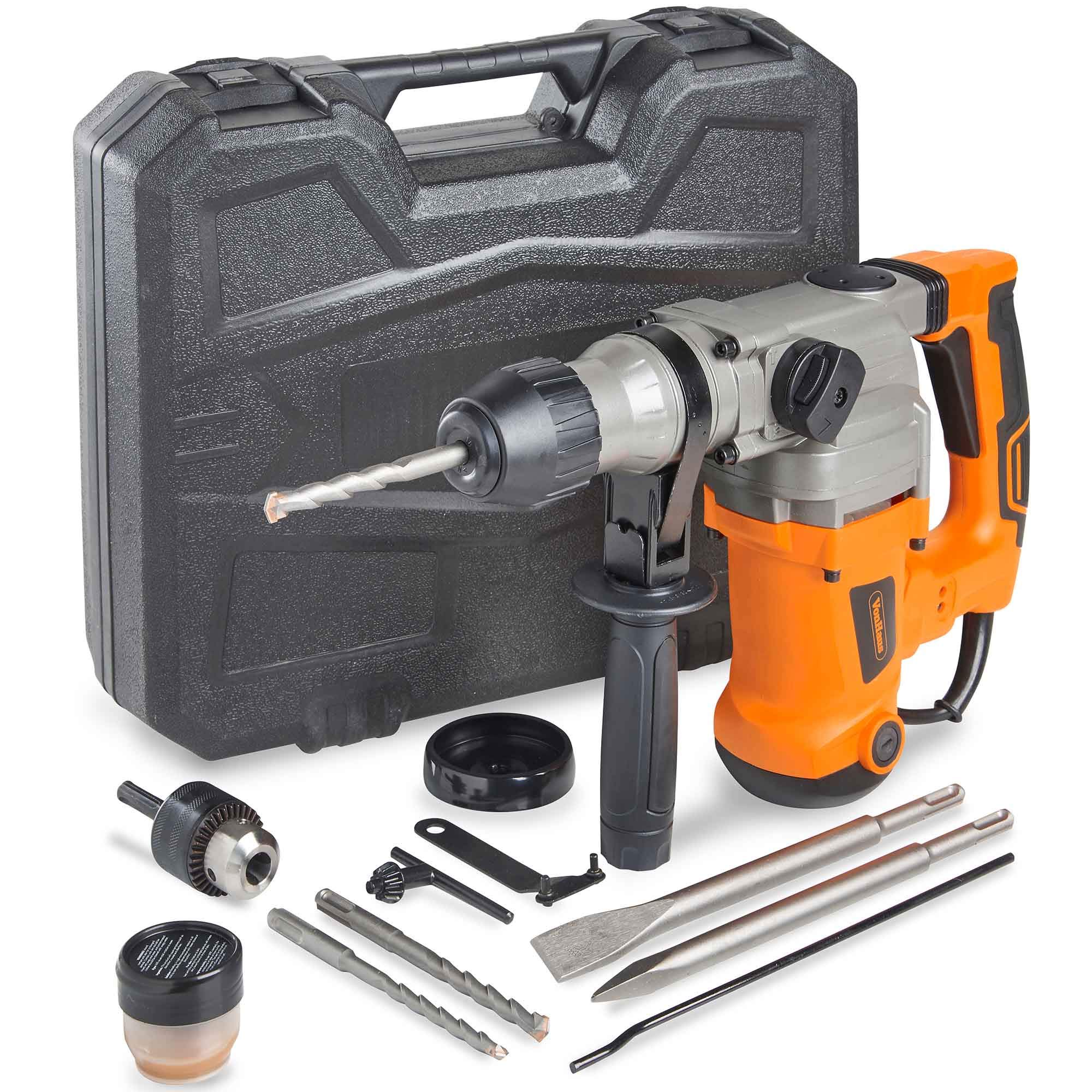 VonHaus 1-3/16” SDS-Plus Heavy Duty Rotary Hammer Drill 10 Amp - Vibration Control, 3 Functions - With Drill Demolition Kit, Grease, Chisels, Drill Bits and Case – Suitable for Concrete, Wood, Steel