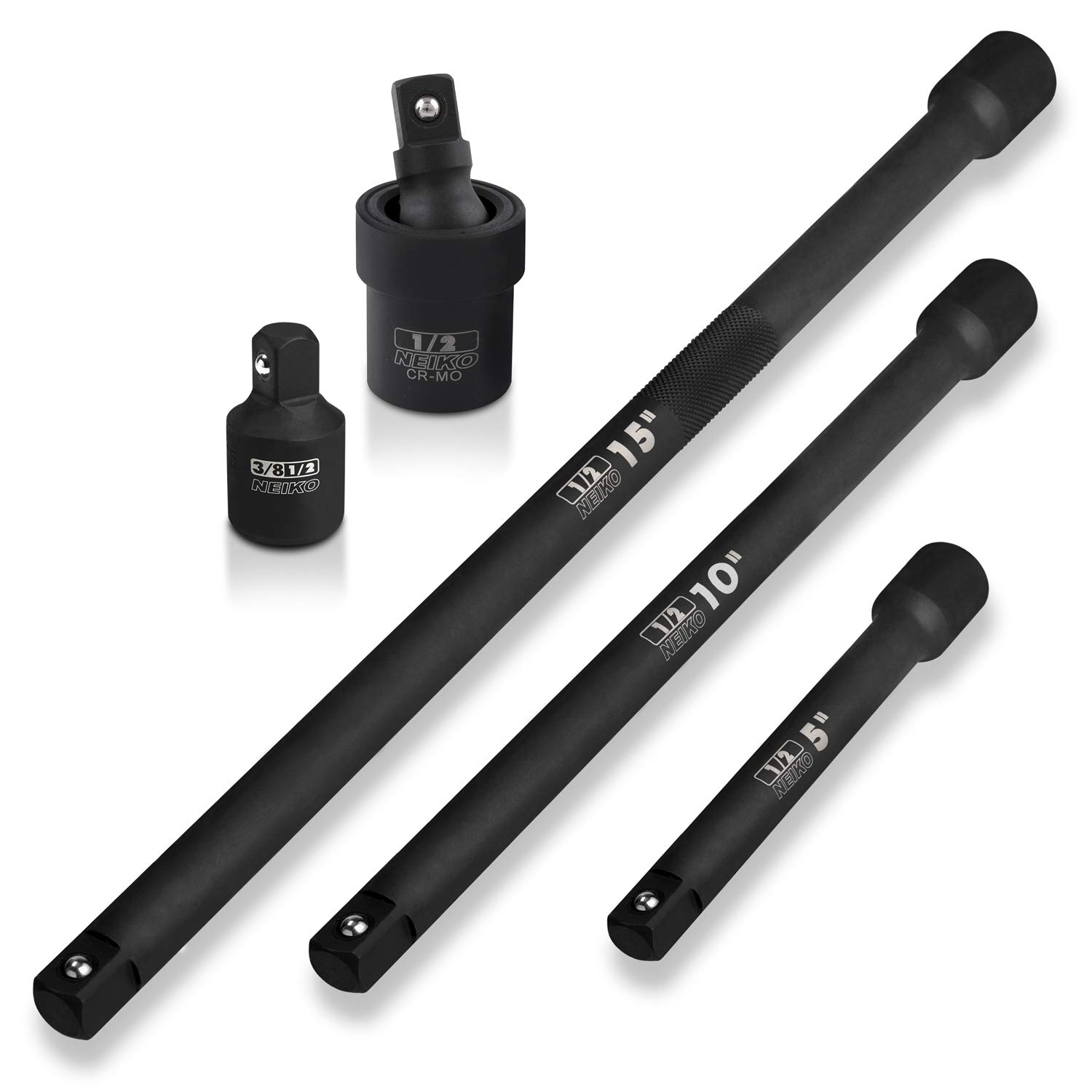 Neiko 00256A 1/2-Inch Drive Impact Extension Bar and Adapter Set, 5-Piece | Includes 5, 10, 15-Inch Extension Bars, Universal Joint, and Reducer