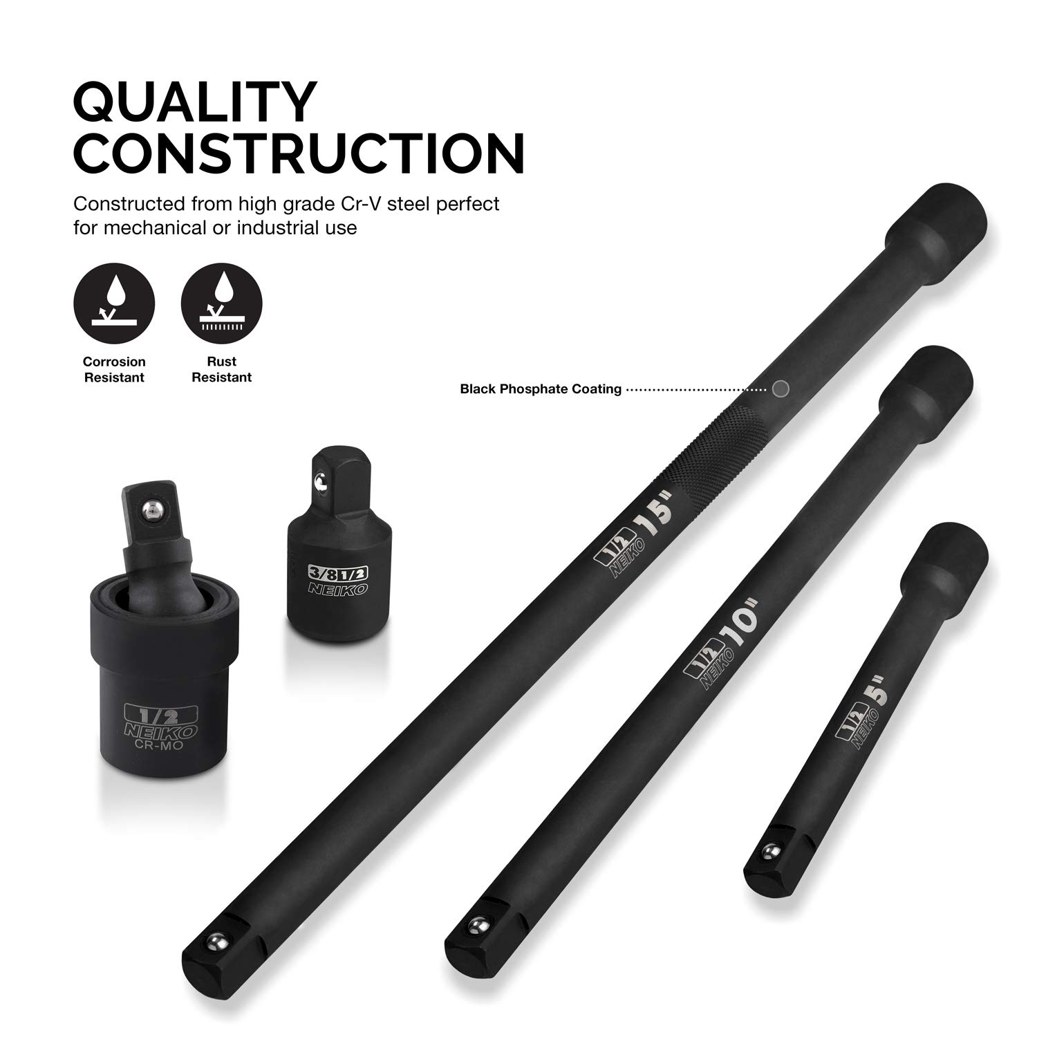 Neiko 00256A 1/2-Inch Drive Impact Extension Bar and Adapter Set, 5-Piece | Includes 5, 10, 15-Inch Extension Bars, Universal Joint, and Reducer