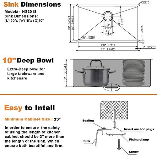 APPASO 30-Inch Single Bowl Kitchen Sink Undermount, 16-Gauge Stainless Steel 10-Inch Deep Commercial Handmade Kitchen Sink with Grid and Strainer, HS3018