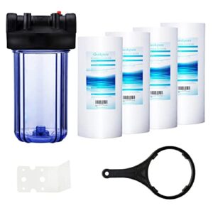 geekpure whole house water filtration system with 10-inch big clear housing with 4.5"x 10" 5 micron pp sediment filters-1"npt inlet/outlet