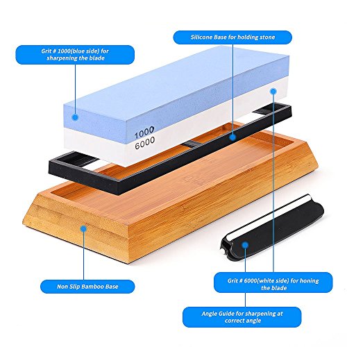 Angerstone Premium Knife Sharpening Stone–1000/6000 Grit Whetstone, Professional whetstone Sharpener stone with Slip-Resistant Silicone Base|Best wet stone|Nonslip Bamboo Base & Angle Guide