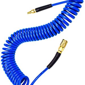 YOTOO Polyurethane Recoil Air Hose1/4" Inner Diameter by 25' Long with Bend Restrictor, 1/4" Industrial Quick Coupler and Plug, Blue