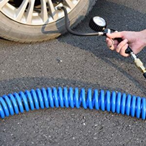 YOTOO Polyurethane Recoil Air Hose1/4" Inner Diameter by 25' Long with Bend Restrictor, 1/4" Industrial Quick Coupler and Plug, Blue