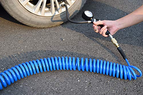 YOTOO Polyurethane Recoil Air Hose1/4" Inner Diameter by 25' Long with Bend Restrictor, 1/4" Industrial Quick Coupler and Plug, Blue