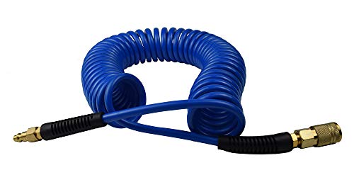 YOTOO Polyurethane Recoil Air Hose1/4" Inner Diameter by 25' Long with Bend Restrictor, 1/4" Industrial Quick Coupler and Plug, Blue