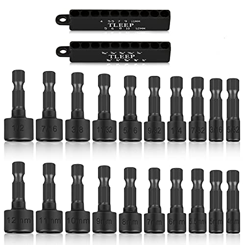 TLEEP 20 x Power Nut Driver Set for Impact Drill, SAE and Metric 1/4” Hex Head Drill Bit Set Screwdriver Socket Set, Chrome Vanadium Steel, Quick Change Chuck Socket Wrench Screw Impact Nutsetter