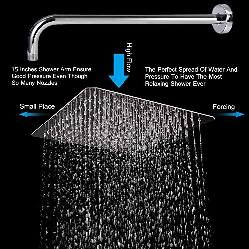 Rain Shower Head With Extension Arm, NearMoon Square Shower Heads, Large Stainless Steel Rainfall Showerhead-Waterfall Full Body Coverage (12 Inch Shower Head With 15 Inch Shower Arm, Chrome)