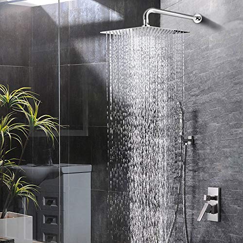 Rain Shower Head With Extension Arm, NearMoon Square Shower Heads, Large Stainless Steel Rainfall Showerhead-Waterfall Full Body Coverage (12 Inch Shower Head With 15 Inch Shower Arm, Chrome)