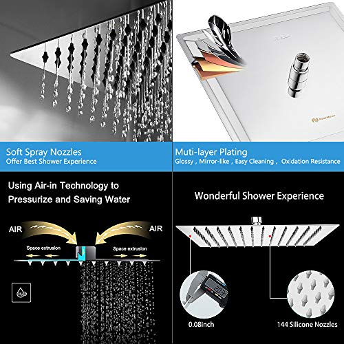 Rain Shower Head With Extension Arm, NearMoon Square Shower Heads, Large Stainless Steel Rainfall Showerhead-Waterfall Full Body Coverage (12 Inch Shower Head With 15 Inch Shower Arm, Chrome)