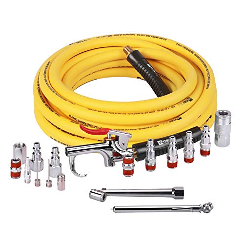 WYNNsky 18 Pieces Air Compressor Accessories, 3/8 Inch × 25 Feet Hybrid Air Compressor Hose with 1/4 Inch NPT Male Threads, 1/4 NPT Quick Connect Air Fittings, Air Blow Gun Kit, Air Chuck, Tire Gauge