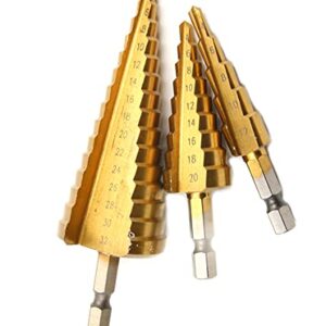 Dtacke 3pc 1/4" Hex shank Titanium Coated HSS Steel Step Drill Bit Cone Drill Hole Metal Cutter Bit Set