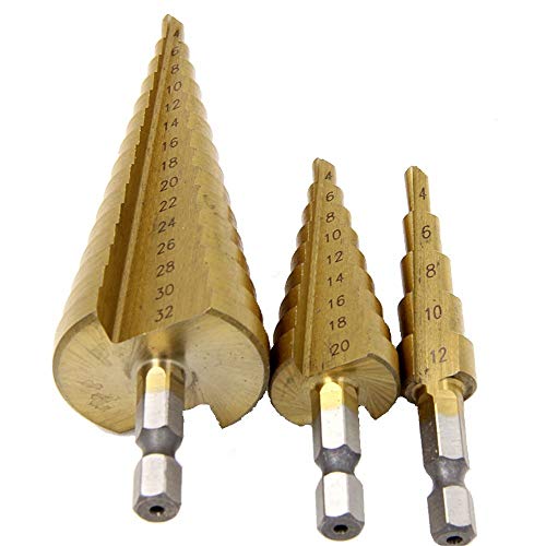 Dtacke 3pc 1/4" Hex shank Titanium Coated HSS Steel Step Drill Bit Cone Drill Hole Metal Cutter Bit Set