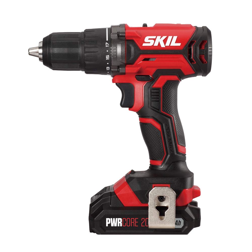 SKIL 20V 4-Tool Combo Kit: 20V Cordless Drill Driver Reciprocating Saw, Circular Saw and Spotlight, Includes Two 2.0Ah PWR CORE Lithium Batteries and One Charger - CB739701,Black, Red