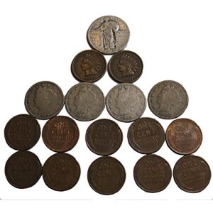 p&d ultimate collection of old coins. 2 indian head pennies, 10 wheat pennies, 2 liberty nickels, and 1 silver walking liberty quarter - (1/4) seller good or better -