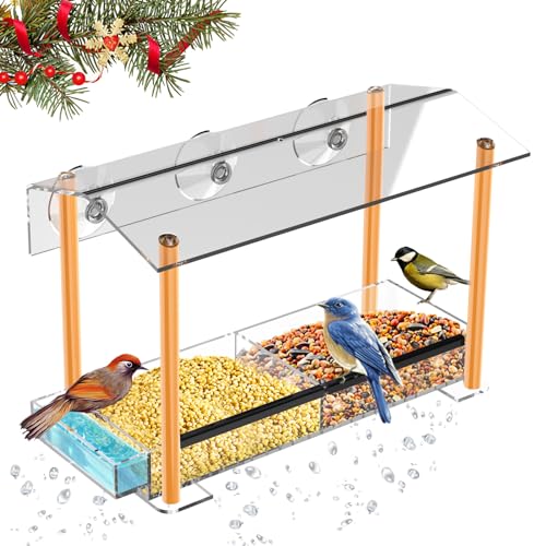 HHXRISE Bird Feeder, Window Bird Feeder for Outside with Strong Large Size Suction Cups, Clear Acrylic Bird House for Viewing with Detachable Seed Tray, Drinking-Water Sink, Rainproof Roof, Drain Hole