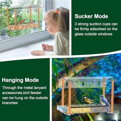 HHXRISE Bird Feeder, Window Bird Feeder for Outside with Strong Large Size Suction Cups, Clear Acrylic Bird House for Viewing with Detachable Seed Tray, Drinking-Water Sink, Rainproof Roof, Drain Hole