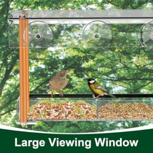 HHXRISE Bird Feeder, Window Bird Feeder for Outside with Strong Large Size Suction Cups, Clear Acrylic Bird House for Viewing with Detachable Seed Tray, Drinking-Water Sink, Rainproof Roof, Drain Hole